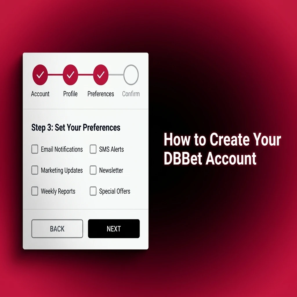 DBBet account registration steps showing sign-up form with name, email, password fields and BDT currency option for Bangladesh users