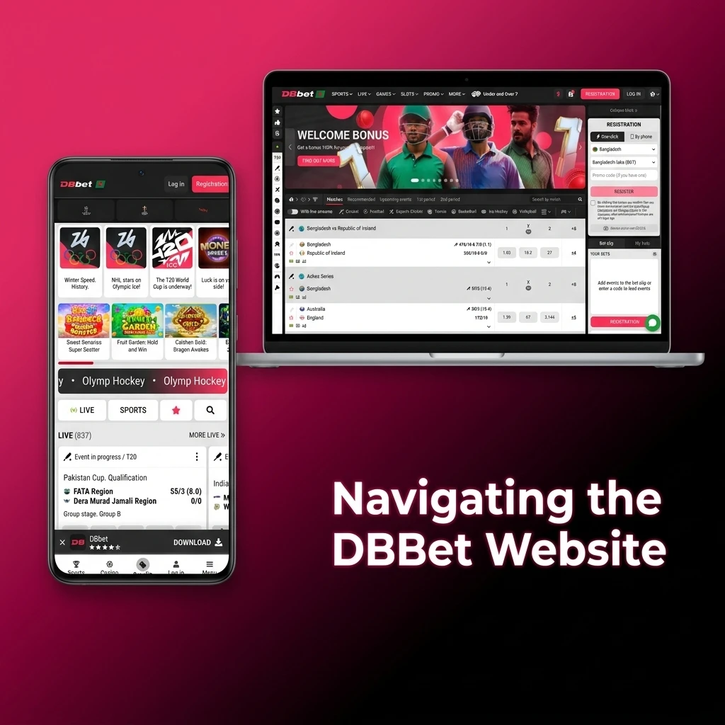 DBBet website navigation bar showing Sports, Live Betting, Casino, Promotions and account controls for Bangladesh users
